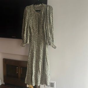 Doen Silk Autumn Floral Maxi Dress in Green and Cream